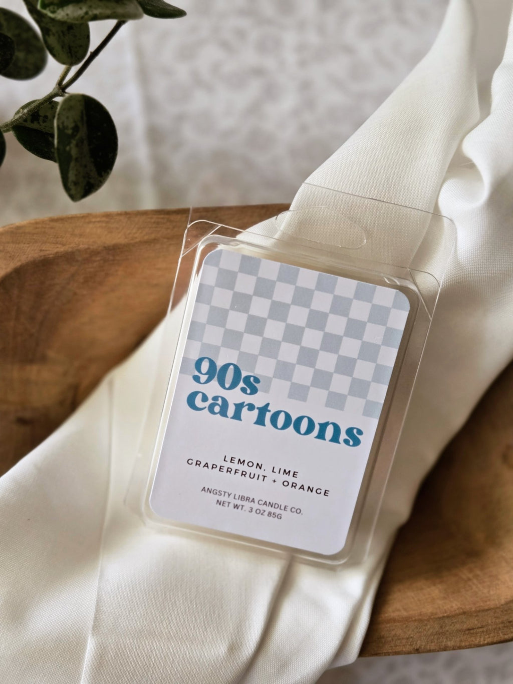 Wax melt with a label reading '90s cartoons' on a white surface with a plant in the background