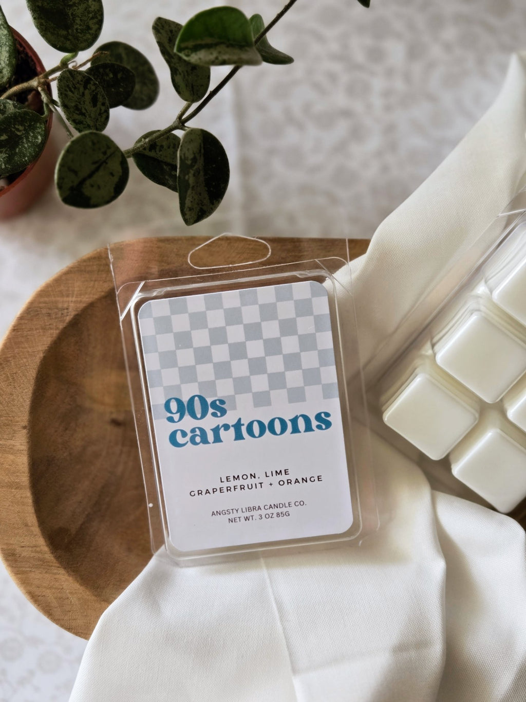 Packaged wax melts with '90s cartoons' label on a wooden surface with a plant in the background