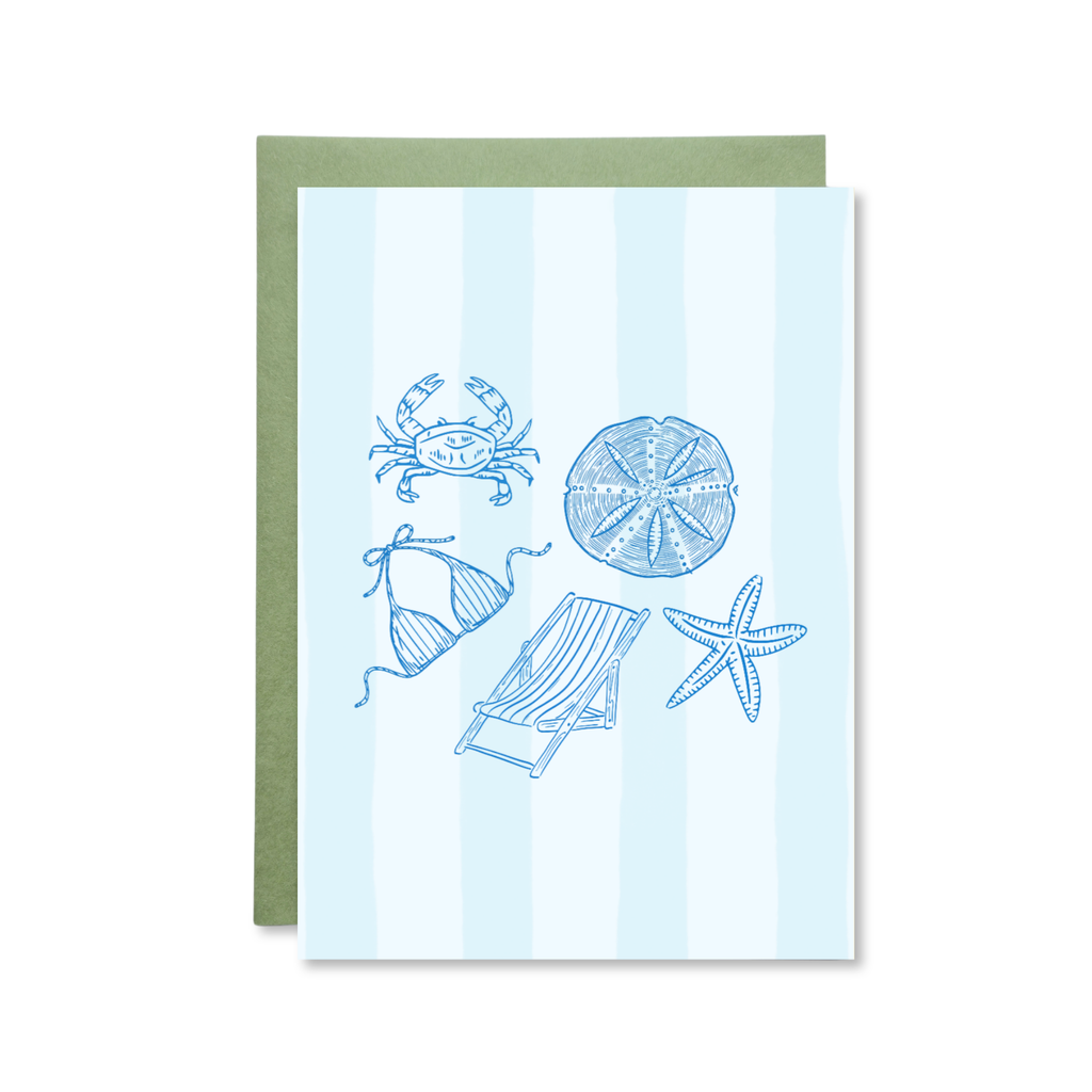 Greeting card with beach-themed illustrations on a light blue background with white stripes.