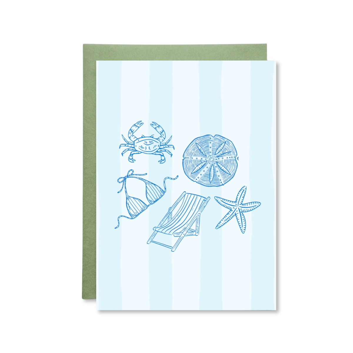 Greeting card with beach-themed illustrations on a light blue background with white stripes.