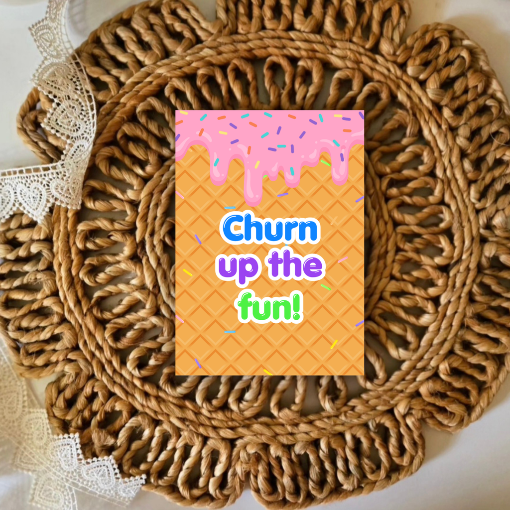 Decorative woven mat with a colorful card featuring 'Churn up the fun!' text on a white background.