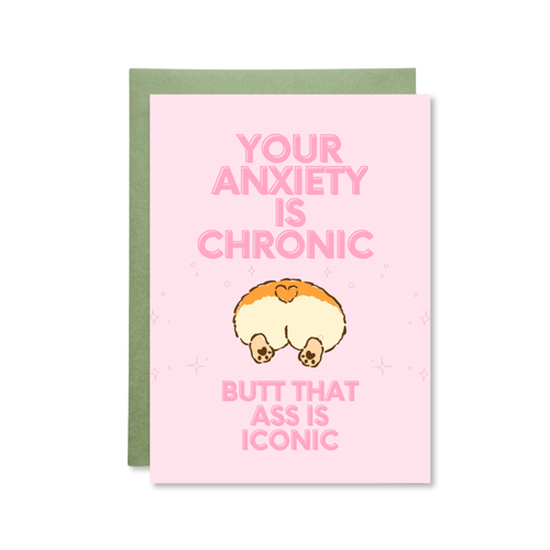 Card with humorous text and cartoon character on a pink background