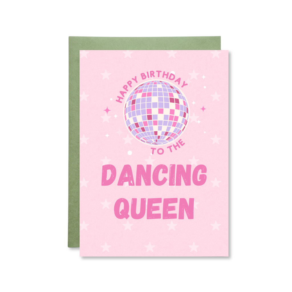 Pink birthday card with disco ball graphic and text 'Happy Birthday to the Dancing Queen' on a white background.