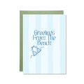 Greeting card with 'Greetings from the Beach' text and a bikini illustration on a light blue striped background.