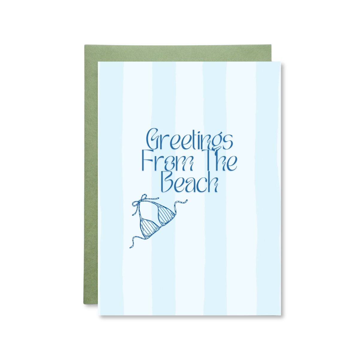 Greeting card with 'Greetings from the Beach' text and a bikini illustration on a light blue striped background.