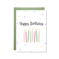 Birthday card with colorful candles and 'Happy Birthday' text on a white background