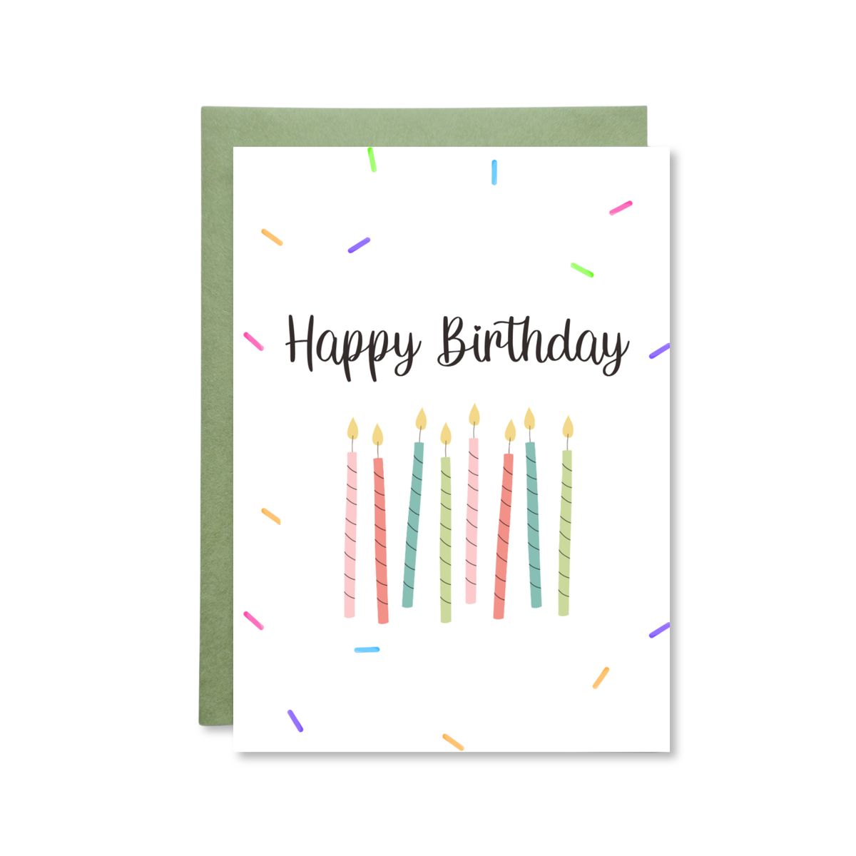 Birthday card with colorful candles and 'Happy Birthday' text on a white background