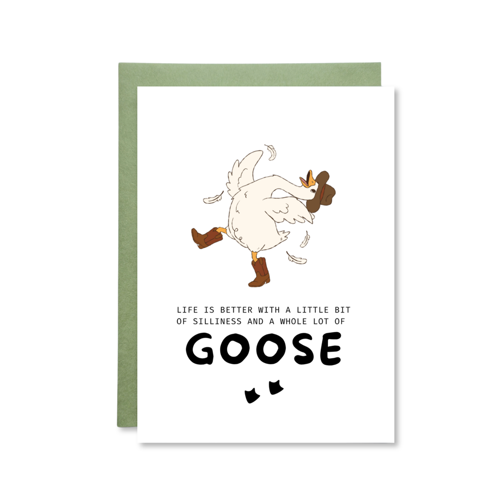 Card with a goose illustration and humorous text on a white background