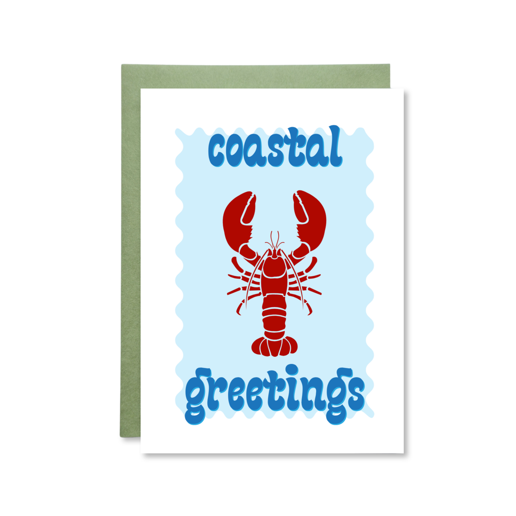 Greeting card with a red lobster illustration and 'coastal greetings' text on a light blue background.