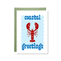 Greeting card with a red lobster illustration and 'coastal greetings' text on a light blue background.