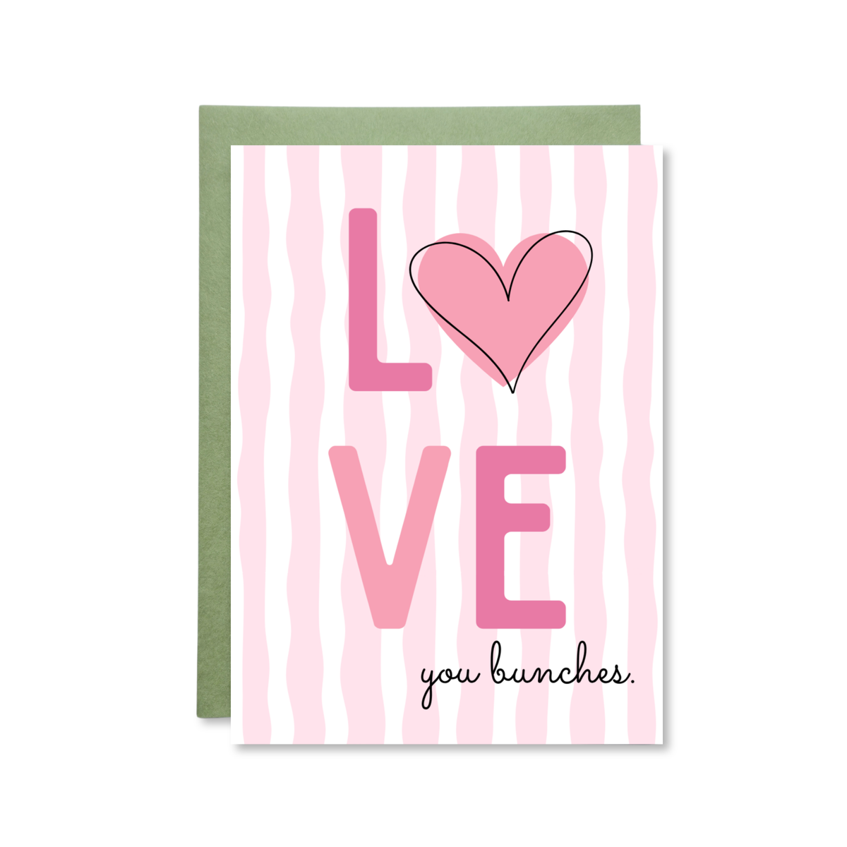 Greeting card with pink heart and striped pattern on a white background