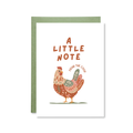 Greeting card with a rooster illustration and text 'A Little Note from the Coop' on a white background.