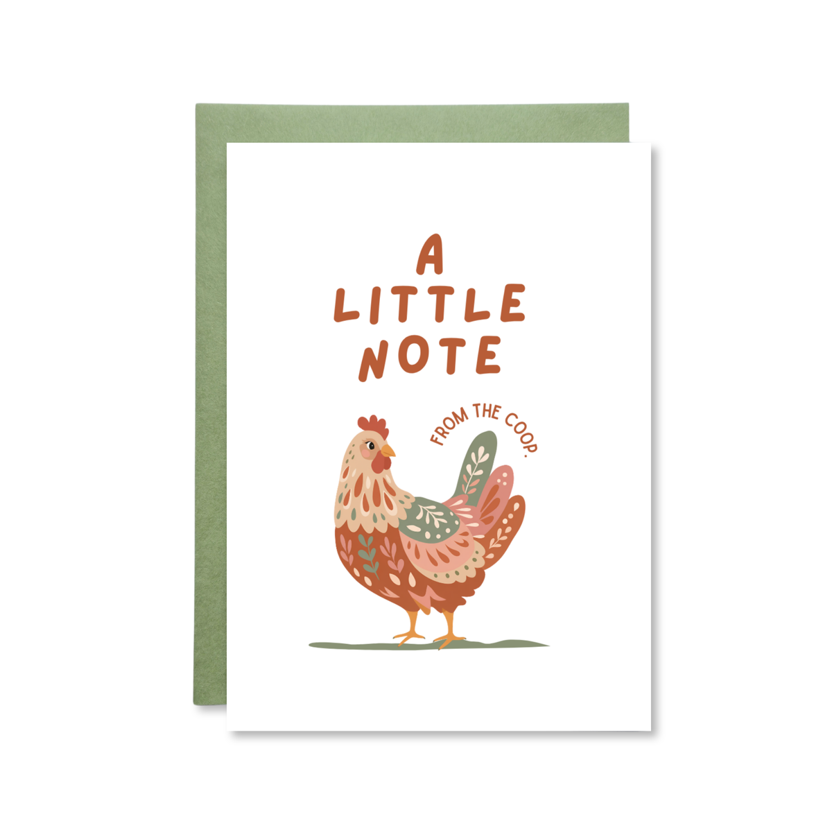 Greeting card with a rooster illustration and text 'A Little Note from the Coop' on a white background.