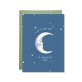Greeting card with moon and stars design and text on blue background