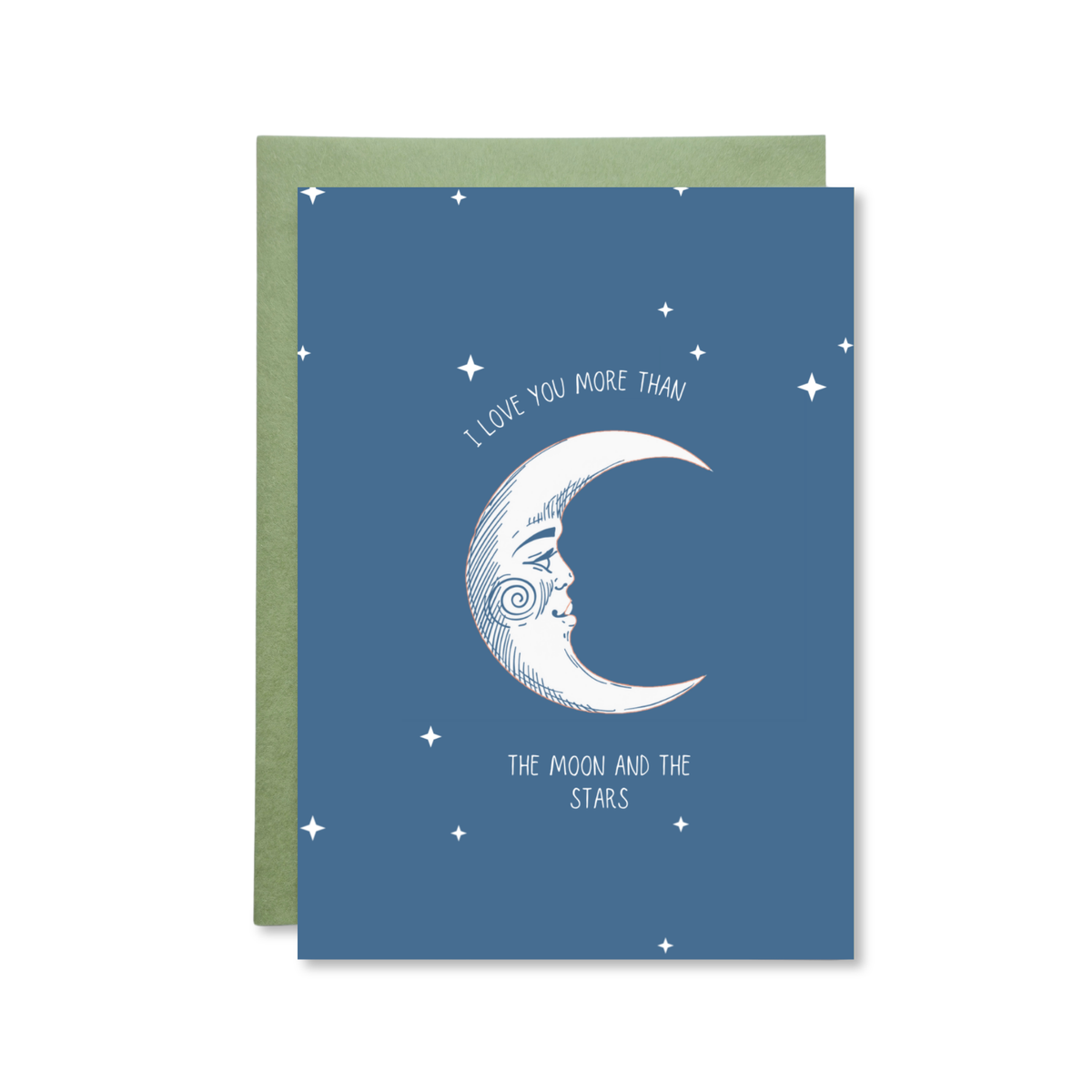 Greeting card with moon and stars design and text on blue background
